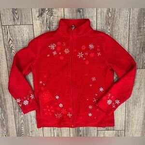 BonWorth Red Fleece Jacket Snowflake Embellished Embroidered Beaded Zip-Up XS